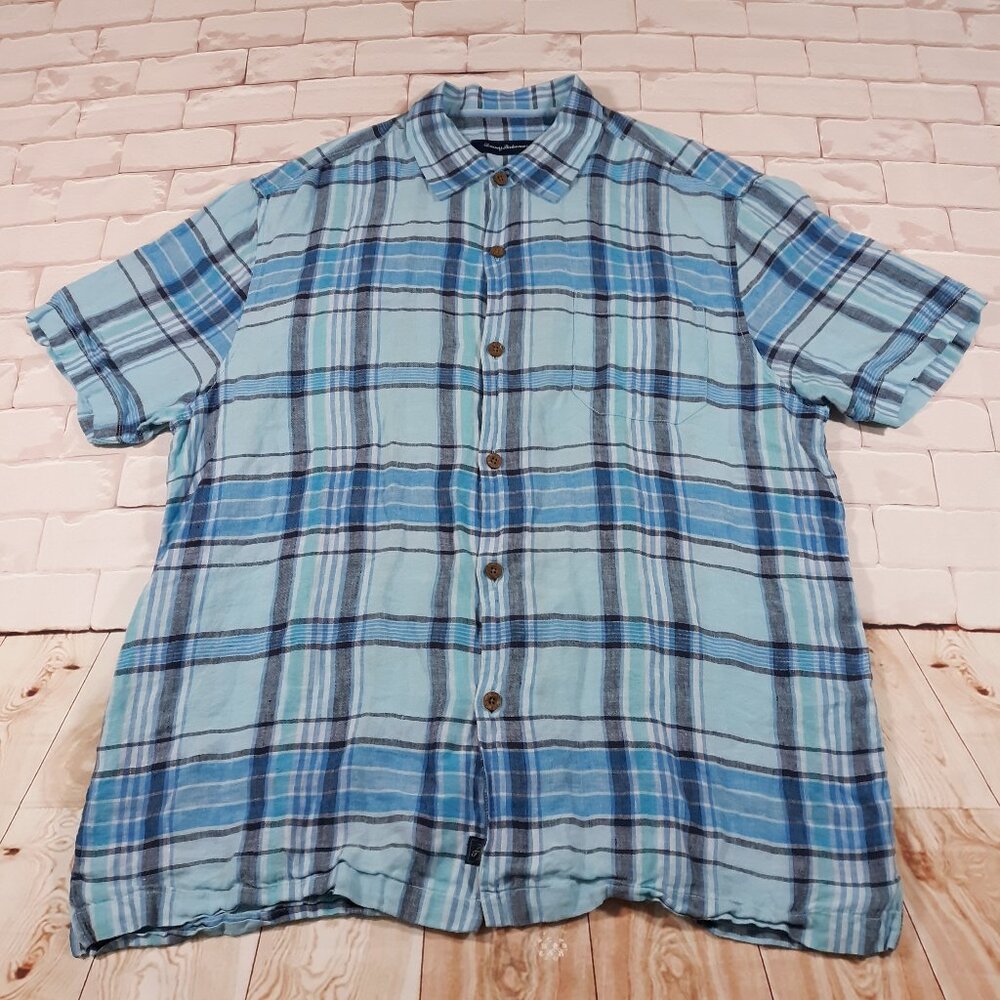 Tommy Bahama Linen Shirt Mens XL Plaid Casual Relax Blue Short Sleeve